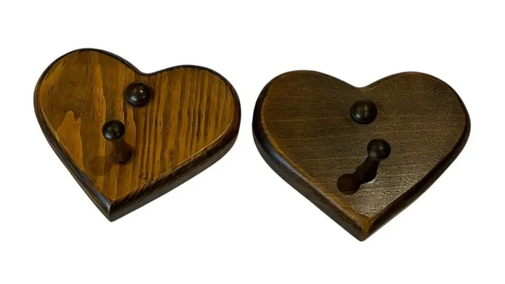 Pair Of 80s Oak Wooden Cut out HEARTS Shaped Coat Hook Peg Country Farmhouse
